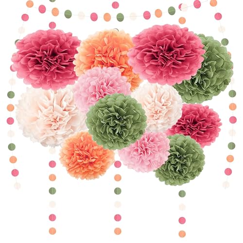 Party Dekoratior-F-J Pompons 15 Stück Rosa Grün Orange Seidenpapier Pompons Deko mit Tissue Papier Pom Poms und Dots Papier Girlande für Hochzeit Abschlussball Babyparty Geburtstag von Trrrioosy