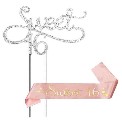 Trsnzul Sweet 16 Tortenaufsatz Kuchen Topper Strass mit Sweet 16 Satin Schärpe Kuchendeckel Tortendeko Kuchendeko Geburtstag Kuchen Topper Sweet 16 Tortendeko Silber Geburtstag ​Party Zubehör von Trsnzul