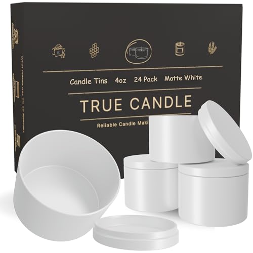 True Candle,24xhochwertige mattweiße Kerzendosen, 118 ml, farbige Innenseite, Kerzenbehälter, leere Kerzengläser mit Deckel, Kerzendosen für die Herstellung von Kerzen, kleine Dosen, Metalldose von True Candle