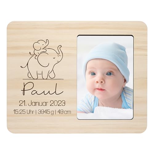Baby Bilderrahmen „Elefanten“ personalisiert mit Namen & Geburtsdaten - mit Gravur & Fotoausschnitt ca. 10x15 cm - Baby-Geschenk, Geschenk zur Geburt für Jungen & Mädchen, Deko - ca. 25x20 cm, Holz von True Statements