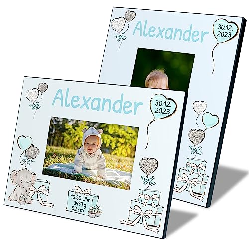 True Statements Baby Bilderrahmen für Fotos 10x15 cm personalisiert mit Namen & Geburtsdaten „Elefantenbaby“ – Fotorahmen Mädchen Jungen – Geschenk zur Geburt Taufe Geburtstag (Blau, Hochformat) von True Statements