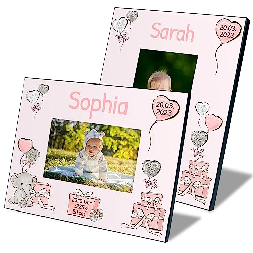 True Statements Baby Bilderrahmen für Fotos 10x15 cm personalisiert mit Namen & Geburtsdaten „Elefantenbaby“ – Fotorahmen Mädchen Jungen – Geschenk zur Geburt Taufe Geburtstag (Rosa, Hochformat) von True Statements