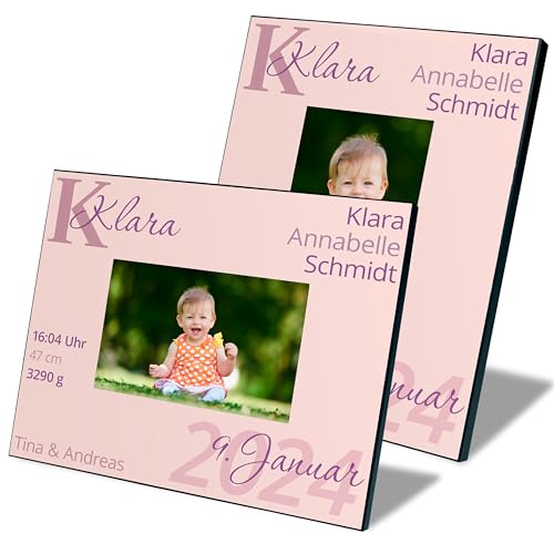 True Statements Bilderrahmen für Fotos 10x15 cm personalisiert mit Namen, Geburtsdaten & Eltern – Fotorahmen Baby Mädchen Jungen – Geschenk zur Geburt Taufe Geburtstag (Rosa, Querformat) von True Statements