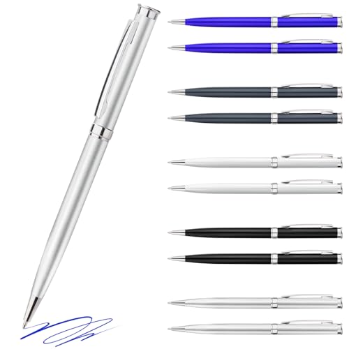 Truevaste 10er Set Kugelschreiber Set, 0.7mm Hochwertige Druckkugelschreiber mit Metallgehäuse & Ergonomischm Drehmechanismus, Ball point Pen für Perfektes Schreiben, Blau Öltinte, Silber Gehäuse von Truevaste