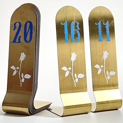 Tischkarten aus Edelstahl, 15,2 cm, vertikal, doppelseitig, stapelbar, Metall-Tischkartenhalter (20,3 cm, Goldblau und Weiß, 11–20) von Truewon
