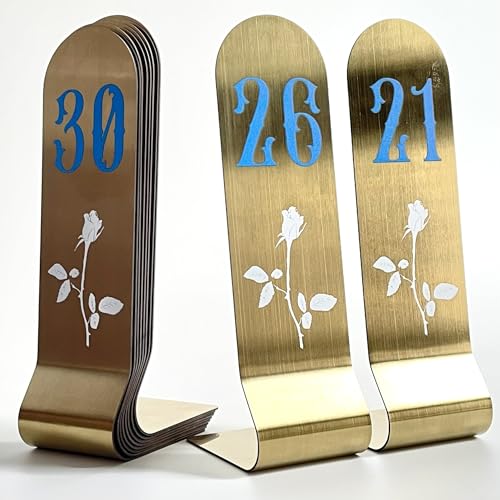 Tischkarten aus Edelstahl, 15,2 cm, vertikal, doppelseitig, stapelbar, Metall-Tischkartenhalter (20,3 cm, Goldblau und Weiß, 53-76 cm), 10 Stück von Truewon