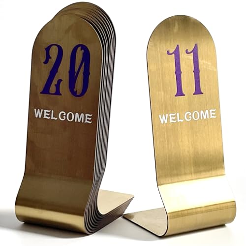Tischkarten aus Edelstahl, 15,2 cm, vertikale doppelseitige Tischnummern, stapelbare Tischkartenhalter aus Metall (15,2 cm, Goldviolett und Weiß, 11–20), 10 Stück von Truewon