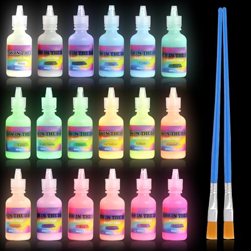 Fluoreszierende Farbe, 18x30ml Leuchtfarbe Acrylfarben Neon mit 2 Pinsel Schwarzlicht Farbe Glow in the Dark Nachtleuchtende Farben für Halloween Karneval Weihnachtsdekoration von Trukafie