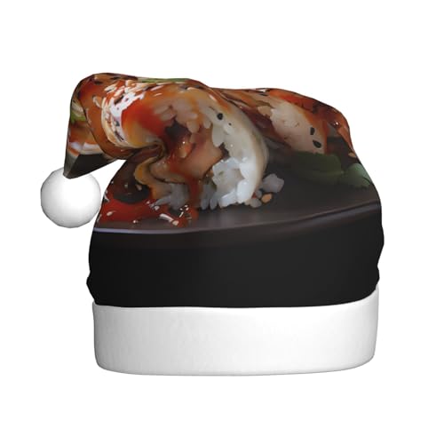 Trukd Weihnachtsmütze, frische und verlockende Sushi-Weihnachtsmannmütze für Erwachsene, Unisex, Samt, Pelz, Weihnachtsmütze für Neujahr, festliche Party von Trukd