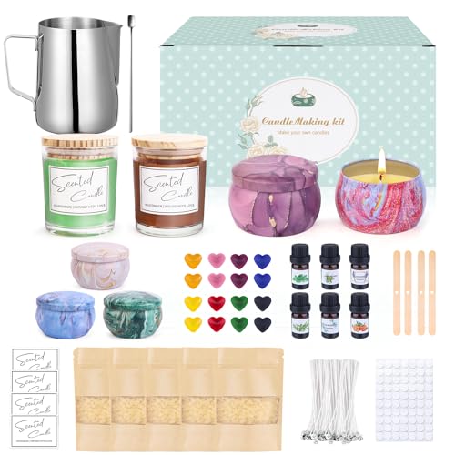 Trulloyoo DIY Kerzenherstellung Kit, Kerzen Selber Machen Set für Erwachsene Kinder, Duftkerzen Machen Set mit 625g Bienenwachs, 6 Duftöl, 16 Farbblöcken, Schmelztopf, Dochten, Kerzendosen, Aufklebe von Trulloyoo