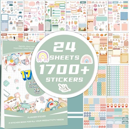 Year Plan Stickers 24 Blätter 1700+ BOHO-Stil Jahresplaner Stickerbuch - Schreibpapier Sticker-Set, DIY-Geschenk für Kinder, Freunde und Familie, Kreatives Journal-Dekorationsmust-have von TrustKK