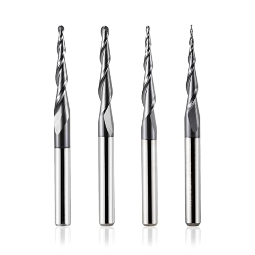 4 Stück 2 Flöten Kugelkopffräser mit Konischer Spitze Fräser CNC Gravierfräser R0,25mm-1,0mm 4mm Schaft Vollhartmetallfräser für Oberfräse mit TiAlN Beschichtung für 2D 3D Gravur von Trvoxviq