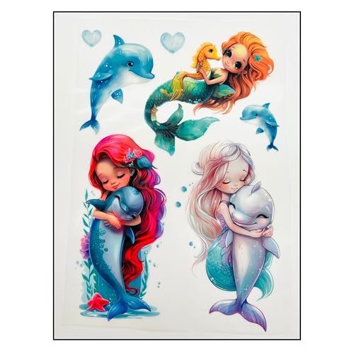 Bügelbilder Set für Textilien DIN A4 Kinder Mädchen Jungen Dino Einhorn Waldtiere groß klein Aufbügelbild zum aufbügeln verschiedene Designs Aufbügler Transferbilder (15 - Meerjungfrauen mit Delfinen) Bügelbilder Set für Textilien DIN A4 Kinder Mädchen Jungen Dino Einhorn Waldtiere groß klein Aufbügelbild zum aufbügeln verschiedene Designs Aufbügler Transferbilder (15 - Meerjungfrauen mit Delfinen) von TryPinky