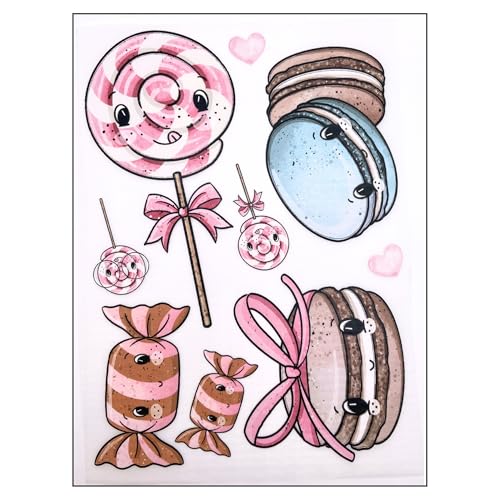 Bügelbilder Set für Textilien DIN A4 Kinder Mädchen Jungen Dino Einhorn Waldtiere groß klein Aufbügelbild zum aufbügeln verschiedene Designs Aufbügler Transferbilder (18 - Macarons & Süßigkeiten) von TryPinky