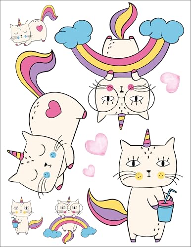 Bügelbilder Set für Textilien DIN A4 Kinder Mädchen Jungen Dino Einhorn Waldtiere groß klein Aufbügelbild zum aufbügeln verschiedene Designs Aufbügler Transferbilder (21 - Einhorn Katze) von TryPinky