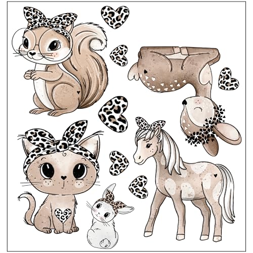 Bügelbilder Set für Textilien DIN A4 Kinder Mädchen Jungen Dino Einhorn Waldtiere groß klein Aufbügelbild zum aufbügeln verschiedene Designs Aufbügler Transferbilder (22 - Tiere mit Leo Haarband) von TryPinky