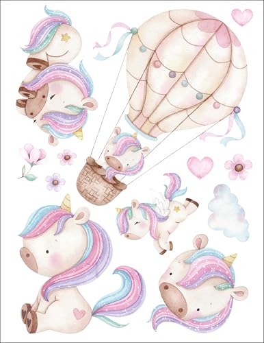 Bügelbilder Set für Textilien DIN A4 Kinder Mädchen Jungen Dino Einhorn Waldtiere groß klein Aufbügelbild zum aufbügeln verschiedene Designs Aufbügler Transferbilder (30 - Einhörner Heißluftballon) von TryPinky