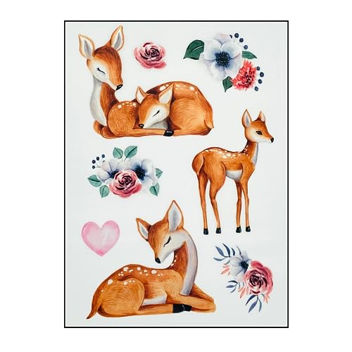 Bügelbilder Set für Textilien DIN A4 Kinder Mädchen Jungen Dino Einhorn Waldtiere groß klein Aufbügelbild zum aufbügeln verschiedene Designs Aufbügler Transferbilder (6 - Rehe) von TryPinky