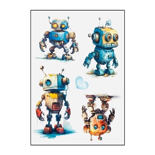 Bügelbilder Set für Textilien DIN A4 Kinder Mädchen Jungen Dino Einhorn Waldtiere groß klein Aufbügelbild zum aufbügeln verschiedene Designs Aufbügler Transferbilder (7 - Roboter) von TryPinky