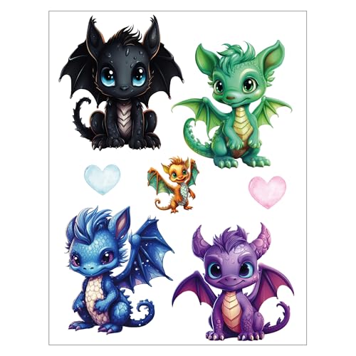 Bügelbilder Set für Textilien DIN A4 Kinder Mädchen Jungen Dino Einhorn groß klein Aufbügelbild zum aufbügeln (4 - Drachen) von TryPinky