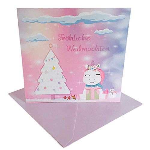 TryPinky® Einhorn Frauen Mädchen Lebkuchenmann Regenbogen Glitzer Weihnachtskarten mit Umschlag Set mit violett glänzenden Umschlägen - Klappkarten Weihnachtskarte Rosa Einhörner (1) von TryPinky