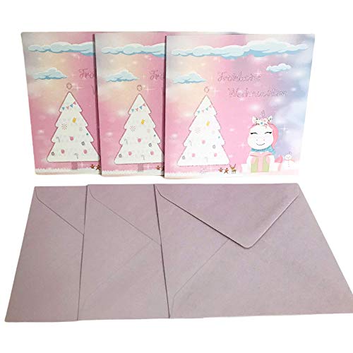 TryPinky® Einhorn Weihnachtskarten mit Umschlag Set mit violett glänzenden Umschlägen - Klappkarten Weihnachtskarte Rosa Einhörner (3) von TryPinky