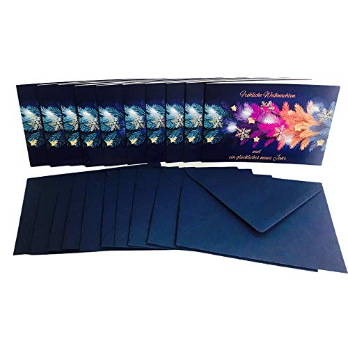 TryPinky® Weihnachtskarten mit Umschlag Set mit farbigen Umschlägen - Klappkarten aus hochwertigem Chromokarton 300 g DIN A6 Weihnachtskarte " Tannenzweige Sterne " Blau (10) von TryPinky