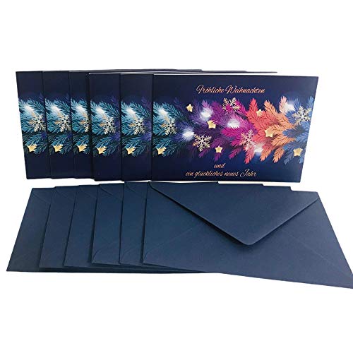 TryPinky® Weihnachtskarten mit Umschlag Set mit farbigen Umschlägen - Klappkarten aus hochwertigem Chromokarton 300 g DIN A6 Weihnachtskarte " Tannenzweige Sterne " Blau (6) von TryPinky
