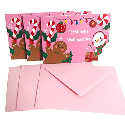 TryPinky® Weihnachtskarten mit Umschlag Set mit farbigen Umschlägen - Klappkarten aus hochwertigem Chromokarton DIN A6 Weihnachtskarte Rosa Lebkuchenmann Schneemann (3) von TryPinky