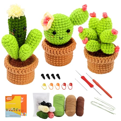 Trywise Häkelset für Anfänger, 3 Cactus Häkeln, Komplettes Stricken für Anfänger Set mit Häkelnadeln, Garn und Schritt-für-Schritt Videoanleitungen, ideales DIY Set für Erwachsene von Trywise