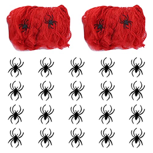 2 Stück Halloween Spinnennetz Dekorationen Super Stretch Spinnweben mit 20 kleinen künstlichen Spinnen Party Supplies Horror House Prop Rot von Tsangbaby