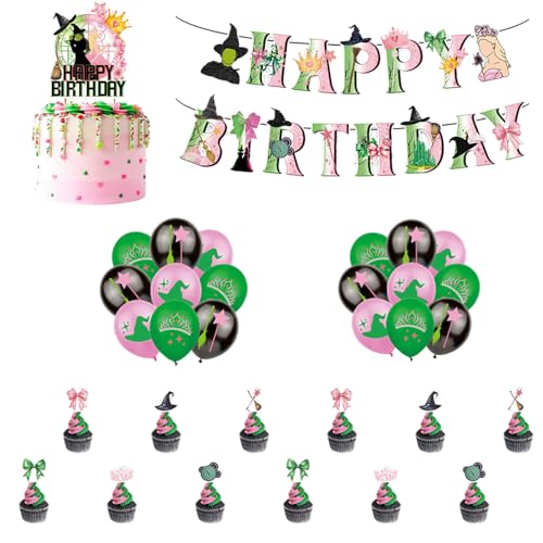 Böse Party-Dekorationen, böse Kuchendekoration, rosa und grüne Luftballons, Banner, Cupcake-Topper-Set für Hexe, Prinzessin, Filmparty, Disco, Cosplay, Geburtstag, Halloween, Tischdekoration, 32 Stück von Tsangbaby