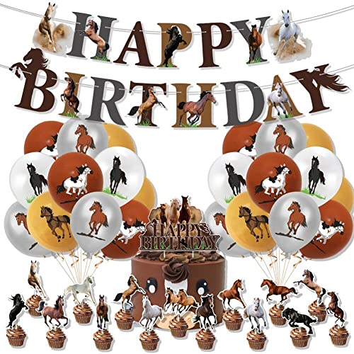 1 Set Pferde-geburtstagsparty-dekorationsset, Pferdethema-happy-birthday-banner, Folien-latexballons, Kuchen-cupcake-topper, Pferderennen-partyzubehör von Tsffae