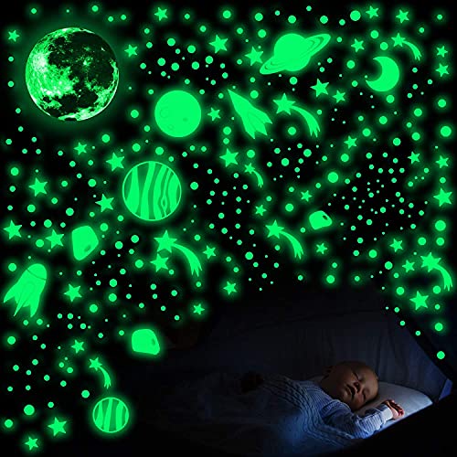 756 Stück Wandsticker Leuchtaufkleber, Mond und Sterne Fluoreszierend Wandaufkleber Planeten Raumschiff Leuchten Im Dunkeln Wandtattoo für Kinderzimmer Zimmer Baby Schlafzimmer Home Dekorative von Tslinc