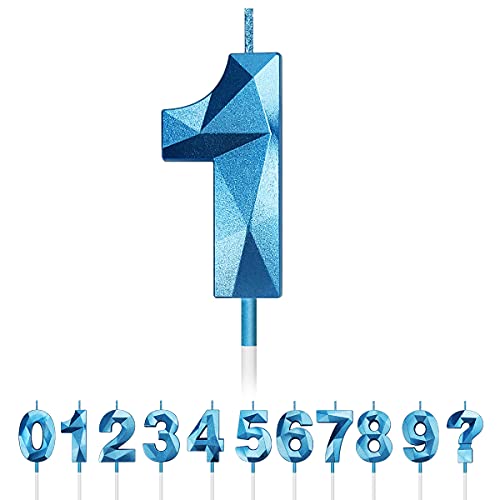 Geburtstag Nummer Kerzen, 3D Diamant Form Kuchen Kerzen Zahl 0 1 2 3 4 5 6 7 8 9 Glitzer Kuchen Topper Dekoration für Hochzeit Geburtstag Jubiläum Feier Abschluss (Blau, 1) von Tslinc