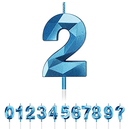 Geburtstag Nummer Kerzen, 3D Diamant Form Kuchen Kerzen Zahl 0 1 2 3 4 5 6 7 8 9 Glitzer Kuchen Topper Dekoration für Hochzeit Geburtstag Jubiläum Feier Abschluss (Blau, 2) von Tslinc