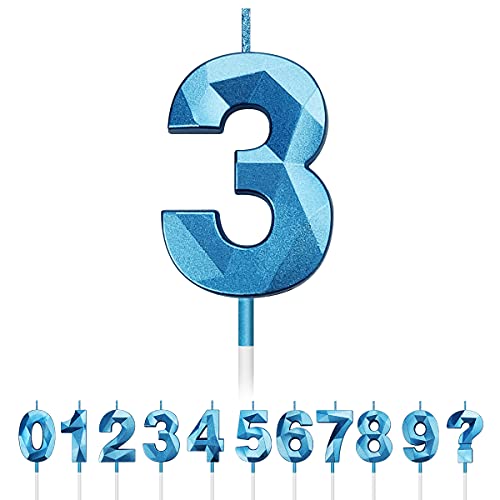 Geburtstag Nummer Kerzen, 3D Diamant Form Kuchen Kerzen Zahl 0 1 2 3 4 5 6 7 8 9 Glitzer Kuchen Topper Dekoration für Hochzeit Geburtstag Jubiläum Feier Abschluss (Blau, 3) von Tslinc