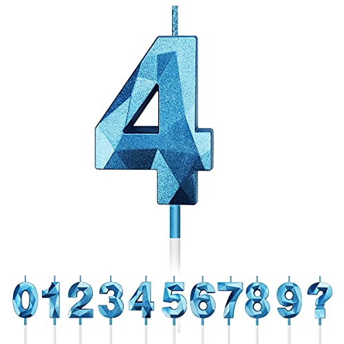 Geburtstag Nummer Kerzen, 3D Diamant Form Kuchen Kerzen Zahl 0 1 2 3 4 5 6 7 8 9 Glitzer Kuchen Topper Dekoration für Hochzeit Geburtstag Jubiläum Feier Abschluss (Blau, 4) von Tslinc