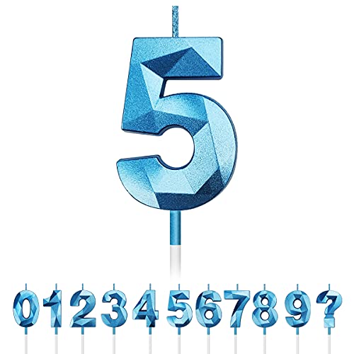 Geburtstag Nummer Kerzen, 3D Diamant Form Kuchen Kerzen Zahl 0 1 2 3 4 5 6 7 8 9 Glitzer Kuchen Topper Dekoration für Hochzeit Geburtstag Jubiläum Feier Abschluss (Blau, 5) von Tslinc