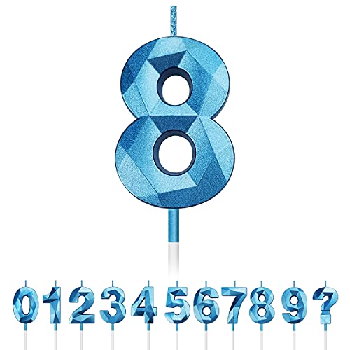 Geburtstag Nummer Kerzen, 3D Diamant Form Kuchen Kerzen Zahl 0 1 2 3 4 5 6 7 8 9 Glitzer Kuchen Topper Dekoration für Hochzeit Geburtstag Jubiläum Feier Abschluss (Blau, 8) von Tslinc