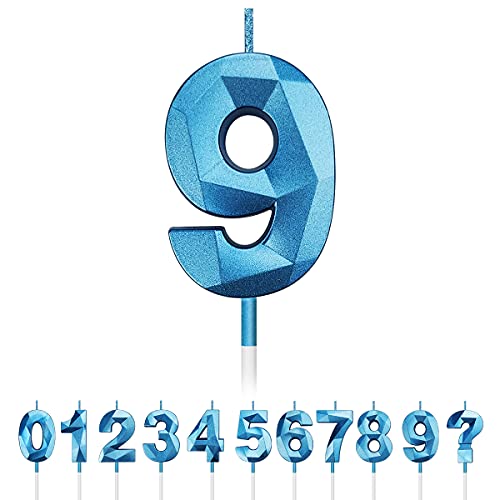 Geburtstag Nummer Kerzen, 3D Diamant Form Kuchen Kerzen Zahl 0 1 2 3 4 5 6 7 8 9 Glitzer Kuchen Topper Dekoration für Hochzeit Geburtstag Jubiläum Feier Abschluss (Blau, 9) von Tslinc