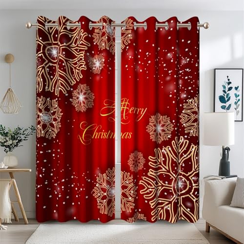 Ttincceer Verdunkelungsvorhänge „Frohe Weihnachten“ 145x225cm goldfarben glitzerndes Schneeflockenmuster rot Raumverdunkelungsvorhänge wärmeisoliert Ösen Fensterbehandlungen von Ttincceer