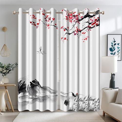Ttincceer Verdunkelungsvorhänge mit japanischer Tinte 107x160cm asiatisches Anime-Muster Kirschblütenmotiv rote Blumen Retro-Stil wärmeisolierte Fenstervorhänge für Wohnzimmer 2 Bahnen von Ttincceer