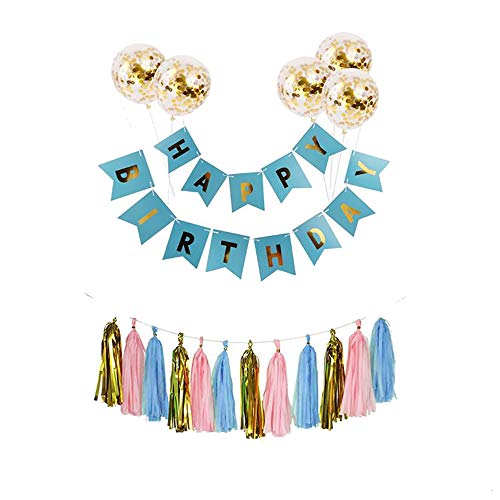 Ttiy Happy Birthday Banner Pailletten Konfetti Luftballons Geburtstag Dekoration Banner Party Dekoration Supplies mit Quaste Trim (Blau, L) von Ttiy