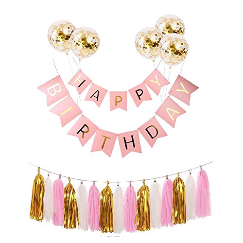 Ttiy Happy Birthday Banner Pailletten Konfetti Luftballons Geburtstag Dekoration Banner Party Dekoration Supplies mit Quaste Trim (Rosa, L) von Ttiy