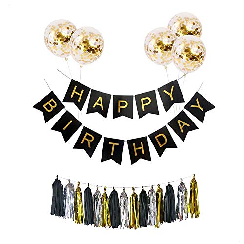 Ttiy Happy Birthday Banner Pailletten Konfetti Luftballons Geburtstag Dekoration Banner Party Dekoration Supplies mit Quaste Trim (Schwarz, L) von Ttiy