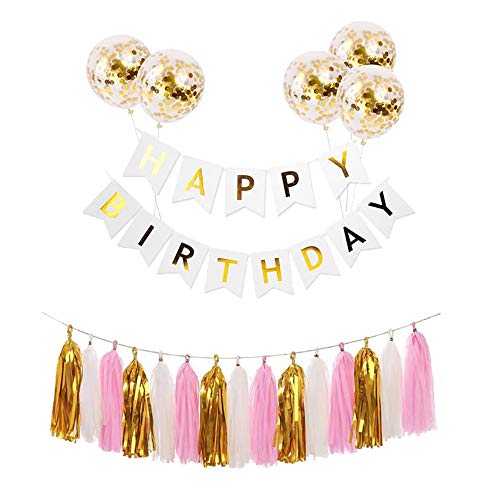 Ttiy Happy Birthday Banner Pailletten Konfetti Luftballons Geburtstag Dekoration Banner Party Dekoration Supplies mit Quaste Trim (Weiß, L) von Ttiy