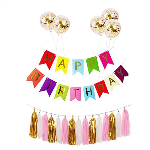 Ttiy Happy Birthday Banner Pailletten Konfetti Luftballons Geburtstag Dekoration Banner Party Dekoration Supplies mit Quastenbesatz (bunt, L) von Ttiy