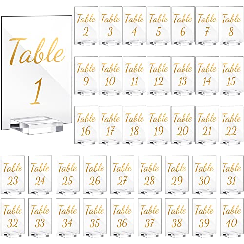 40 Stück Gold Acryl Hochzeit Tischnummer 1-40 Klar Hochzeit Tischständer mit Zahlen Kalligraphie Tischnummernhalter 10,2 x 15,2 cm Acryl Tischschilder für Hochzeit Empfang Tafelaufsätze Dekorationen von Tuanse