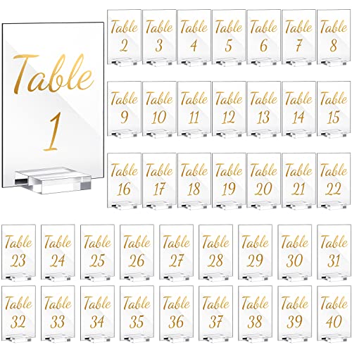 40 Stück goldene Acryl-Tischnummern 1-40, transparenter Ständer mit Kalligraphiehaltern, 10,2 x 15,2 cm, Acryl-Tischschilder für Hochzeitsempfang, Tafelaufsätze von Tuanse
